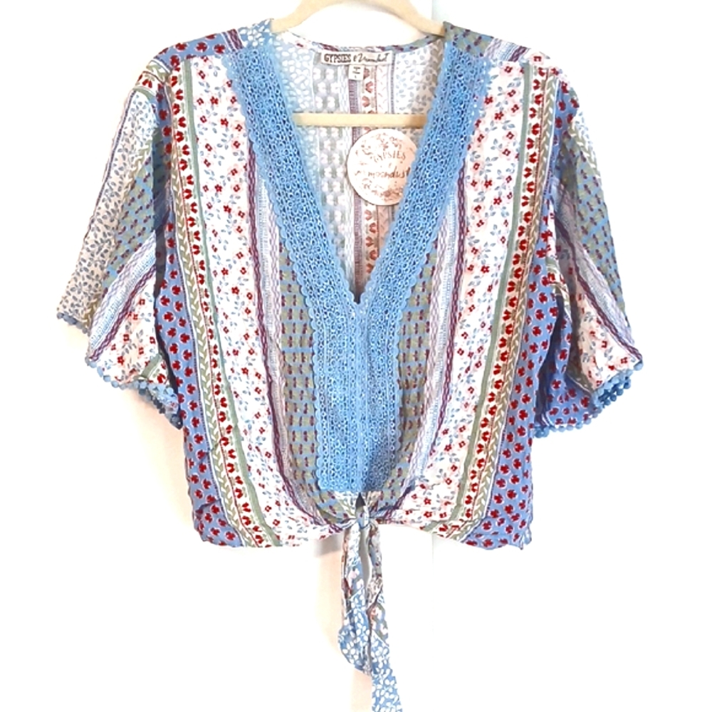 Gypsies & Moondust Embroided Multi Pattern Tie Crop Blouse in Size L (NWT)